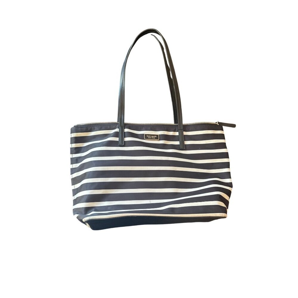 Kate‎ Spade New York Black & White Striped Tote Bag Leather Handles Zip Closure